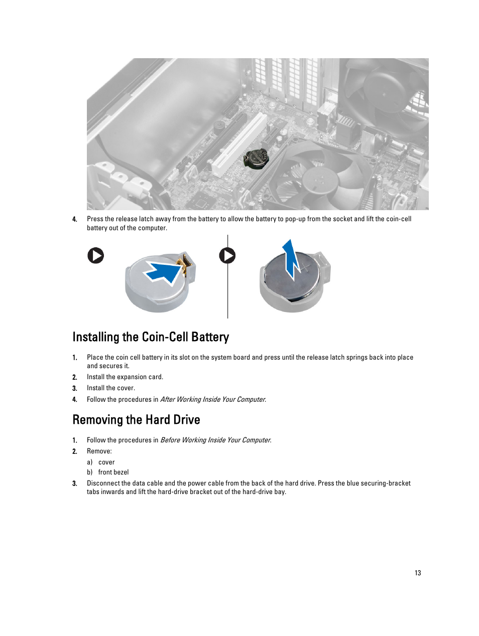 Installing the coin-cell battery, Removing the hard drive | Dell Precision T1700 (Mid 2013) User Manual | Page 13 / 53