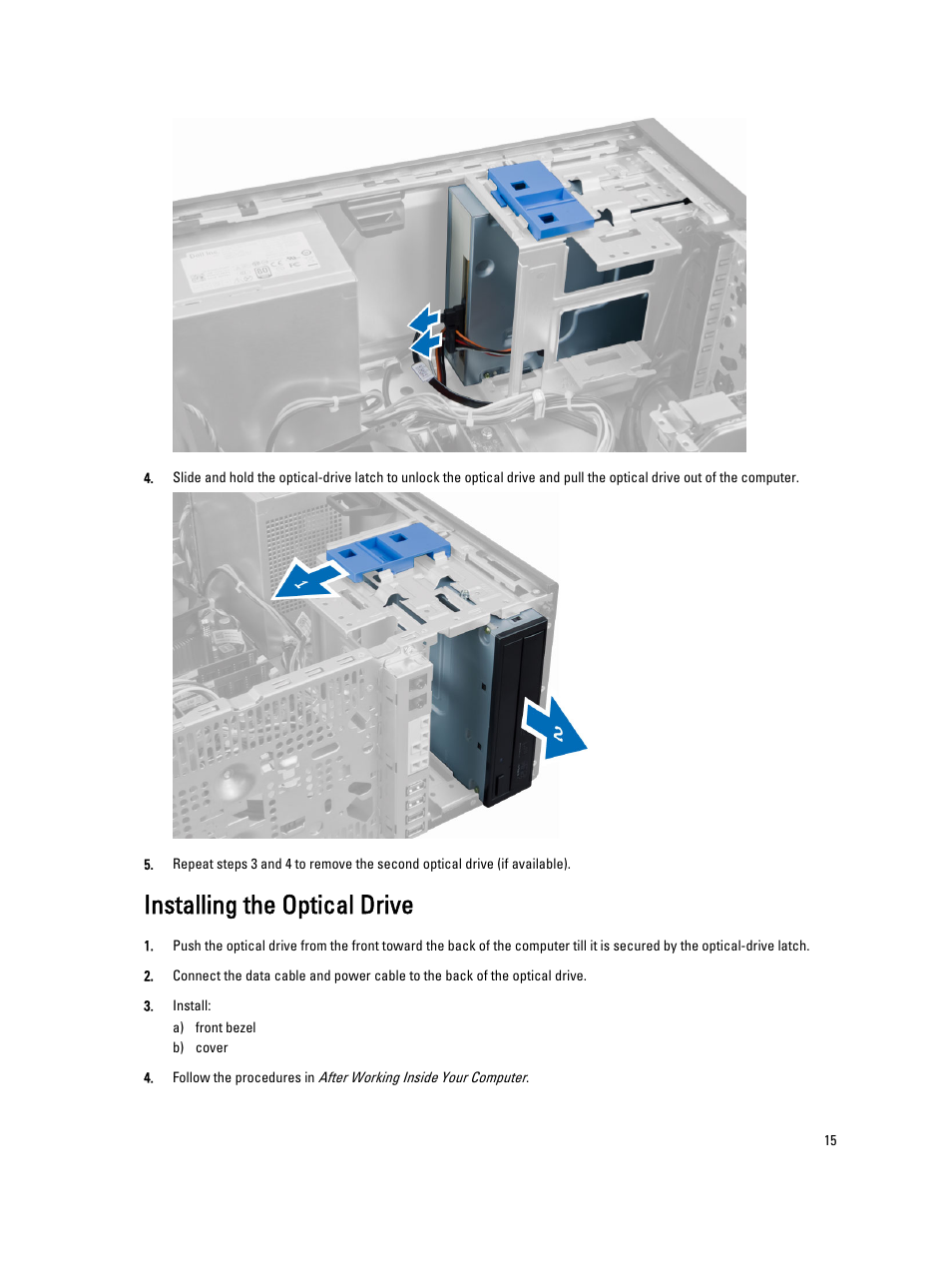 Installing the optical drive | Dell Precision T1700 (Mid 2013) User Manual | Page 15 / 53