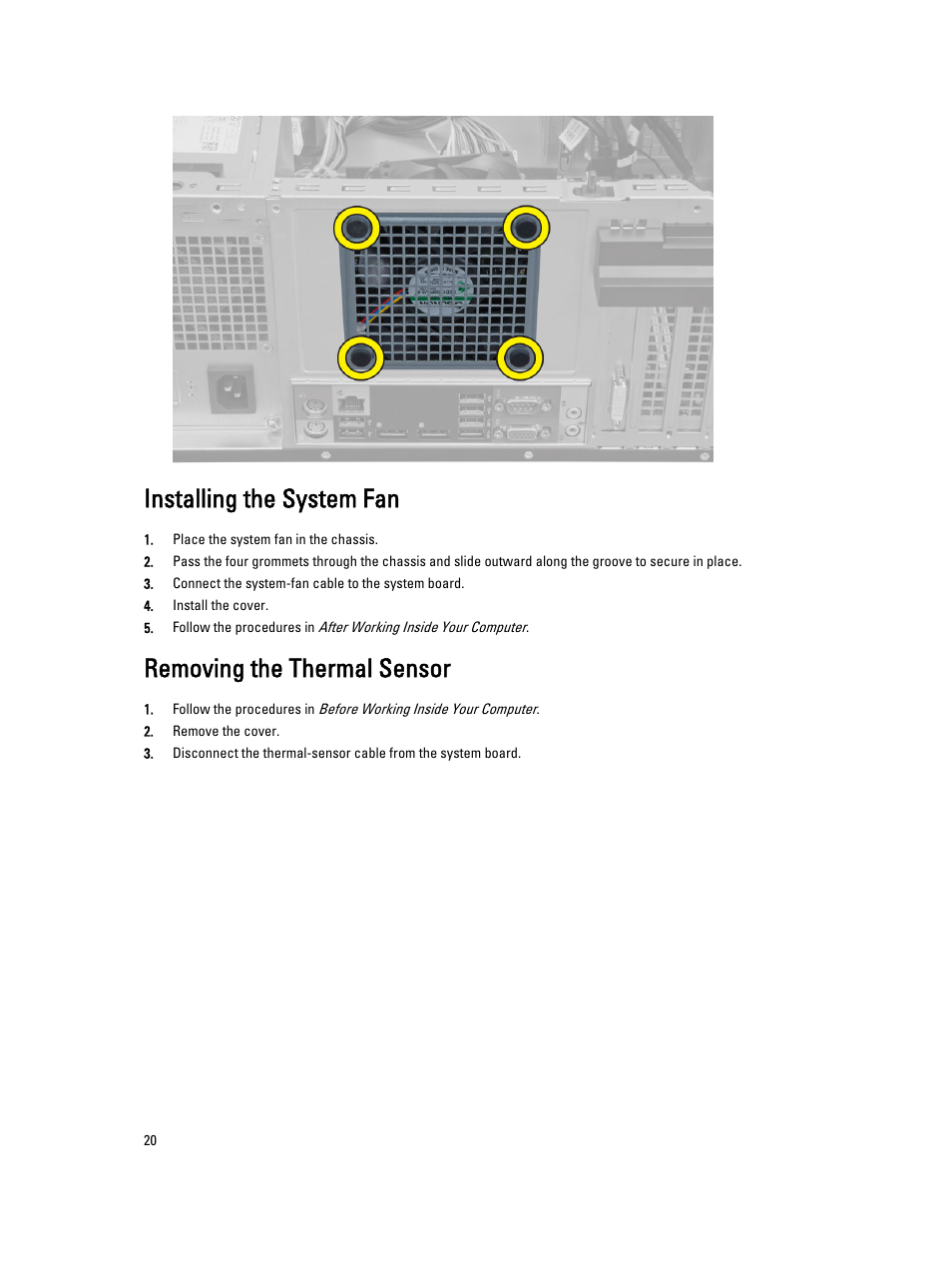 Installing the system fan, Removing the thermal sensor | Dell Precision T1700 (Mid 2013) User Manual | Page 20 / 53