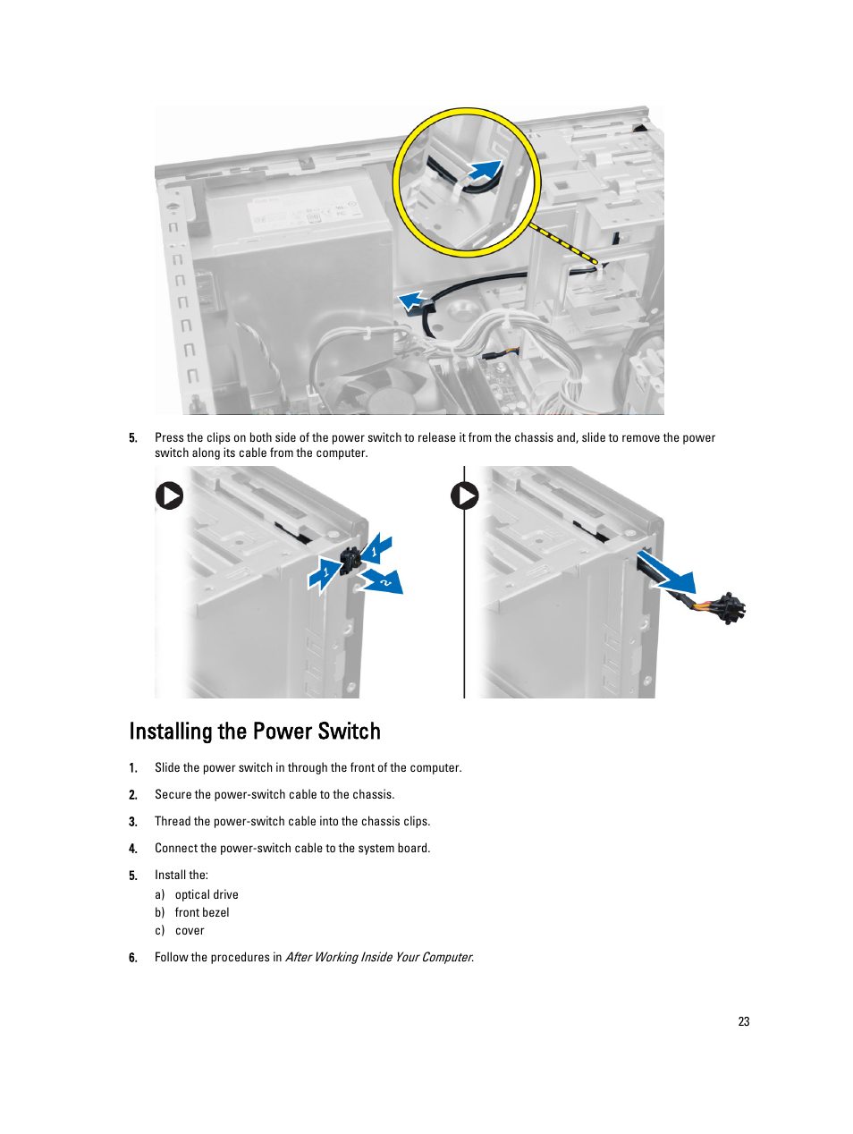 Installing the power switch | Dell Precision T1700 (Mid 2013) User Manual | Page 23 / 53