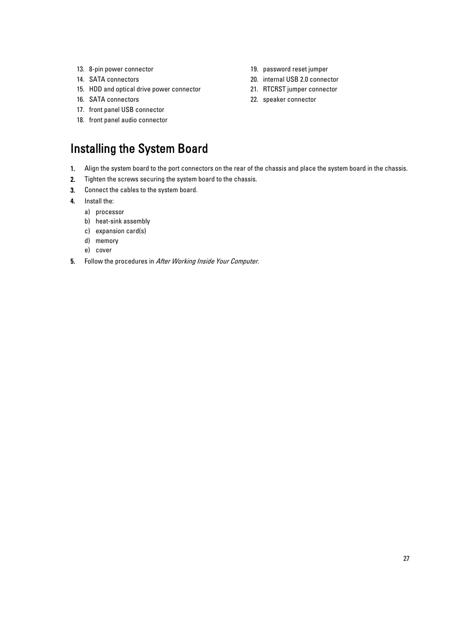 Installing the system board | Dell Precision T1700 (Mid 2013) User Manual | Page 27 / 53