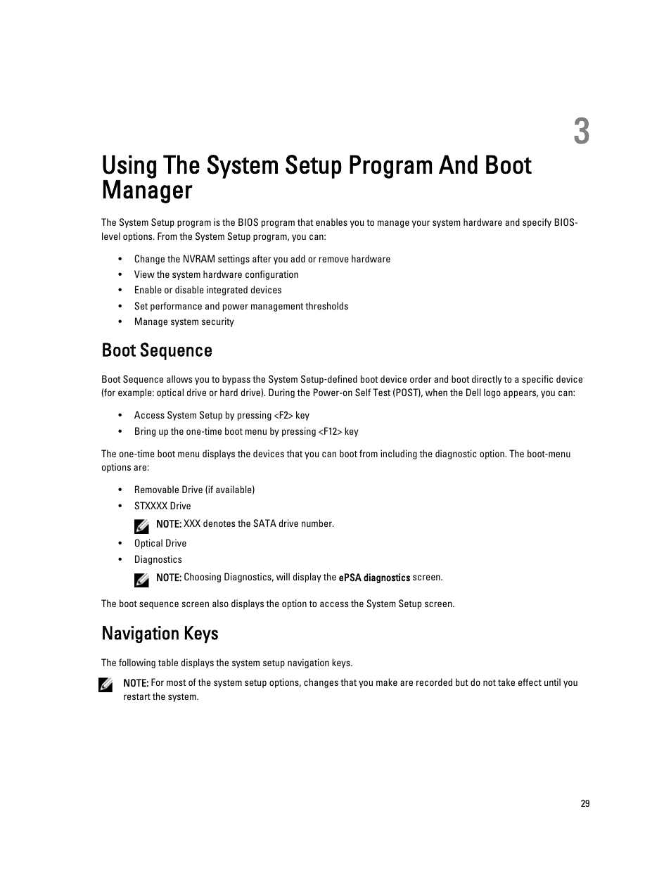 Using the system setup program and boot manager, Boot sequence, Navigation keys | 3 using the system setup program and boot manager | Dell Precision T1700 (Mid 2013) User Manual | Page 29 / 53