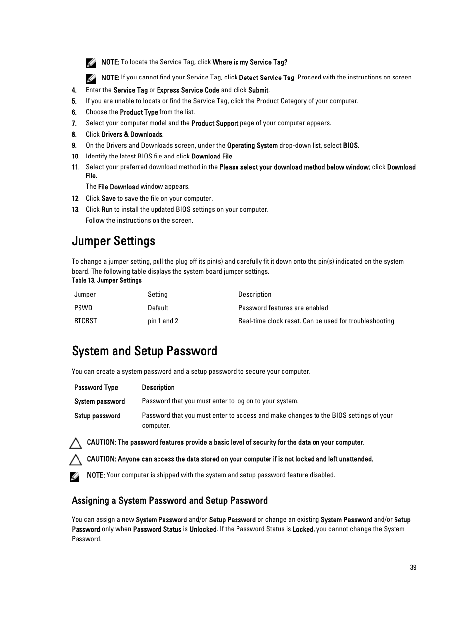 Jumper settings, System and setup password, Assigning a system password and setup password | Dell Precision T1700 (Mid 2013) User Manual | Page 39 / 53