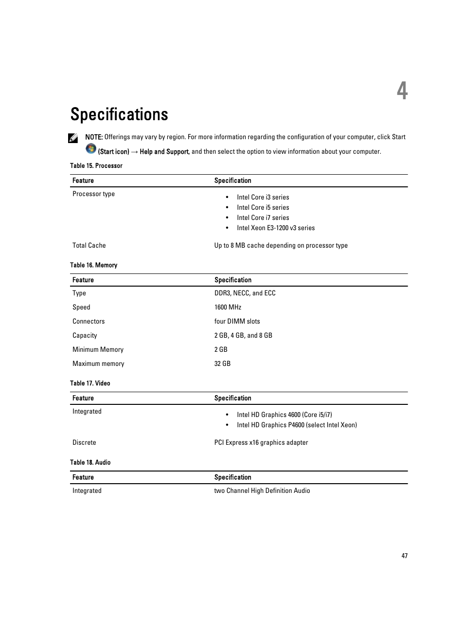 Specifications, 4 specifications | Dell Precision T1700 (Mid 2013) User Manual | Page 47 / 53