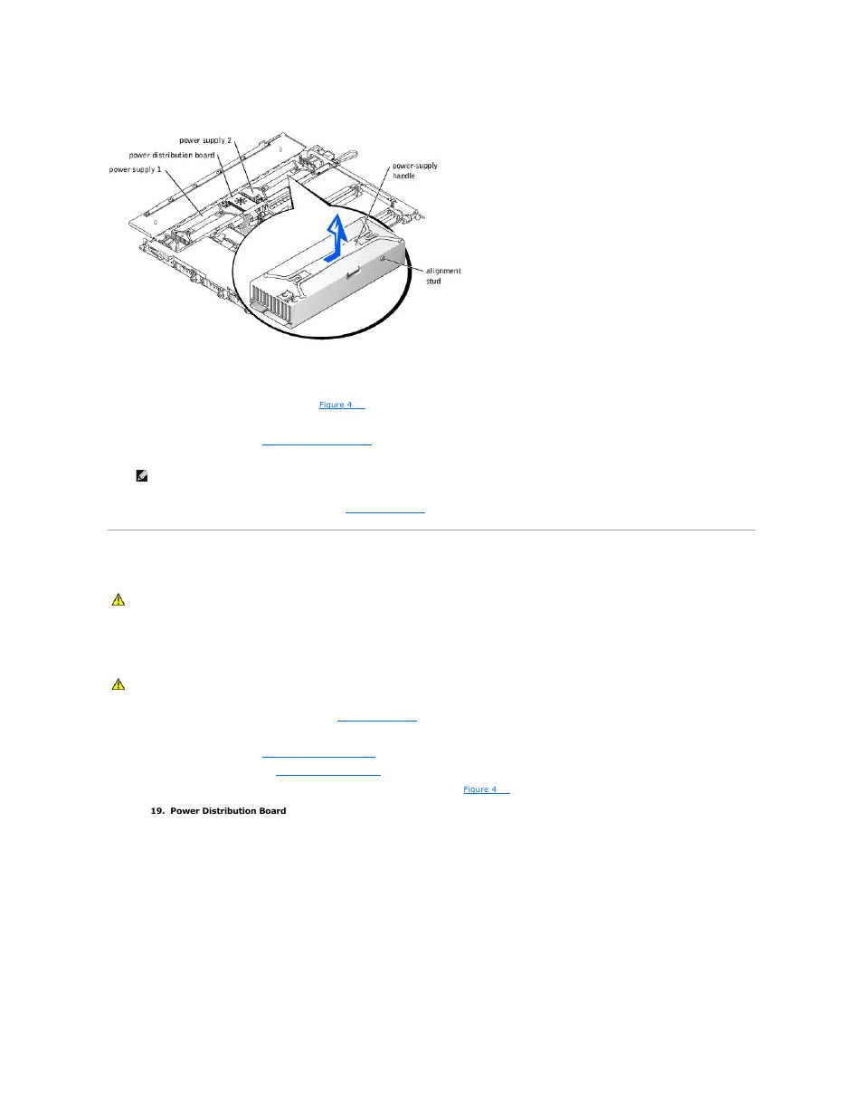 Power distribution board, Installing a power supply, Removing the power distribution board | Dell PowerEdge 1750 User Manual | Page 36 / 51