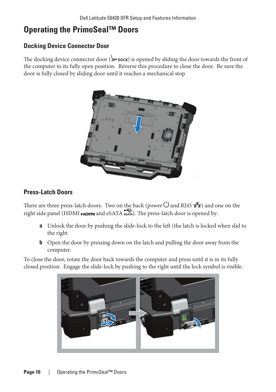 Operating the primoseal™ doors, Docking device connector door, Press-latch doors | Docking device connector door press-latch doors, Connector (see “docking device | Dell Latitude E6420 XFR (Early 2011) User Manual | Page 10 / 23