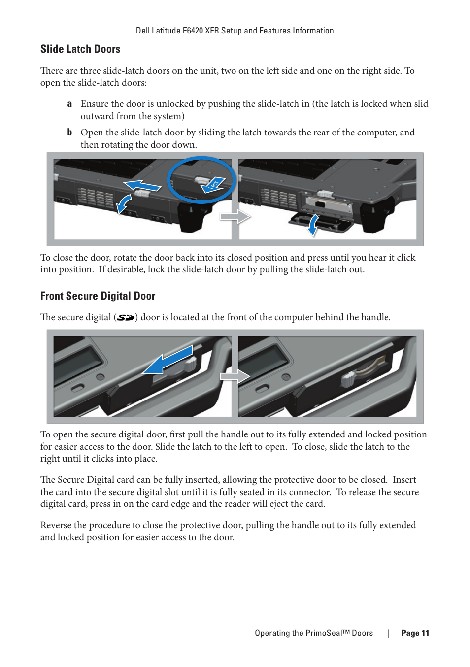 Slide latch doors, Front secure digital door, Slide latch doors front secure digital door | Dell Latitude E6420 XFR (Early 2011) User Manual | Page 11 / 23