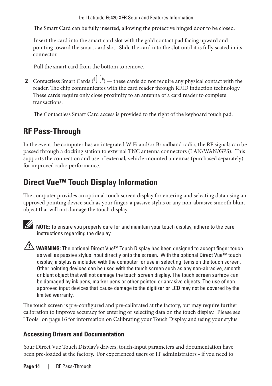 Rf pass-through, Direct vue™ touch display information, Accessing drivers and documentation | Rf pass-through connectors (see “rf | Dell Latitude E6420 XFR (Early 2011) User Manual | Page 14 / 23