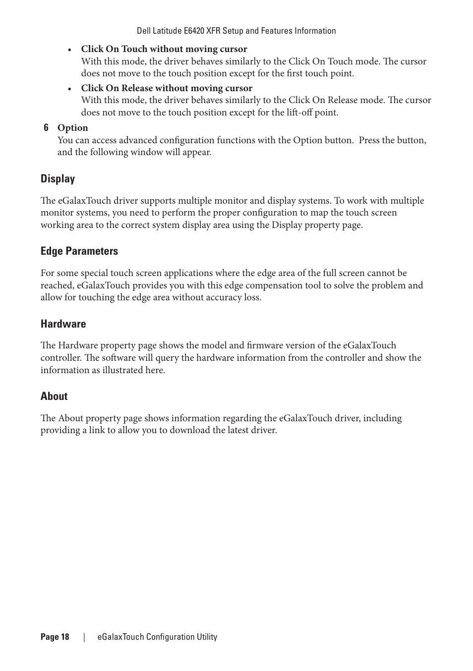 Display, Edge parameters, Hardware | About, Display edge parameters hardware about, E “display” t, E “edge parameters” t, E “hardware” t, E “about” t | Dell Latitude E6420 XFR (Early 2011) User Manual | Page 18 / 23