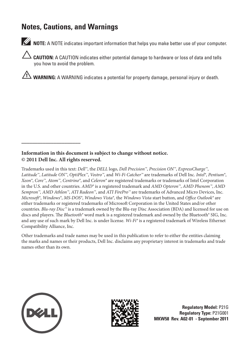 Notes, cautions, and warnings | Dell Latitude E6420 XFR (Early 2011) User Manual | Page 2 / 23