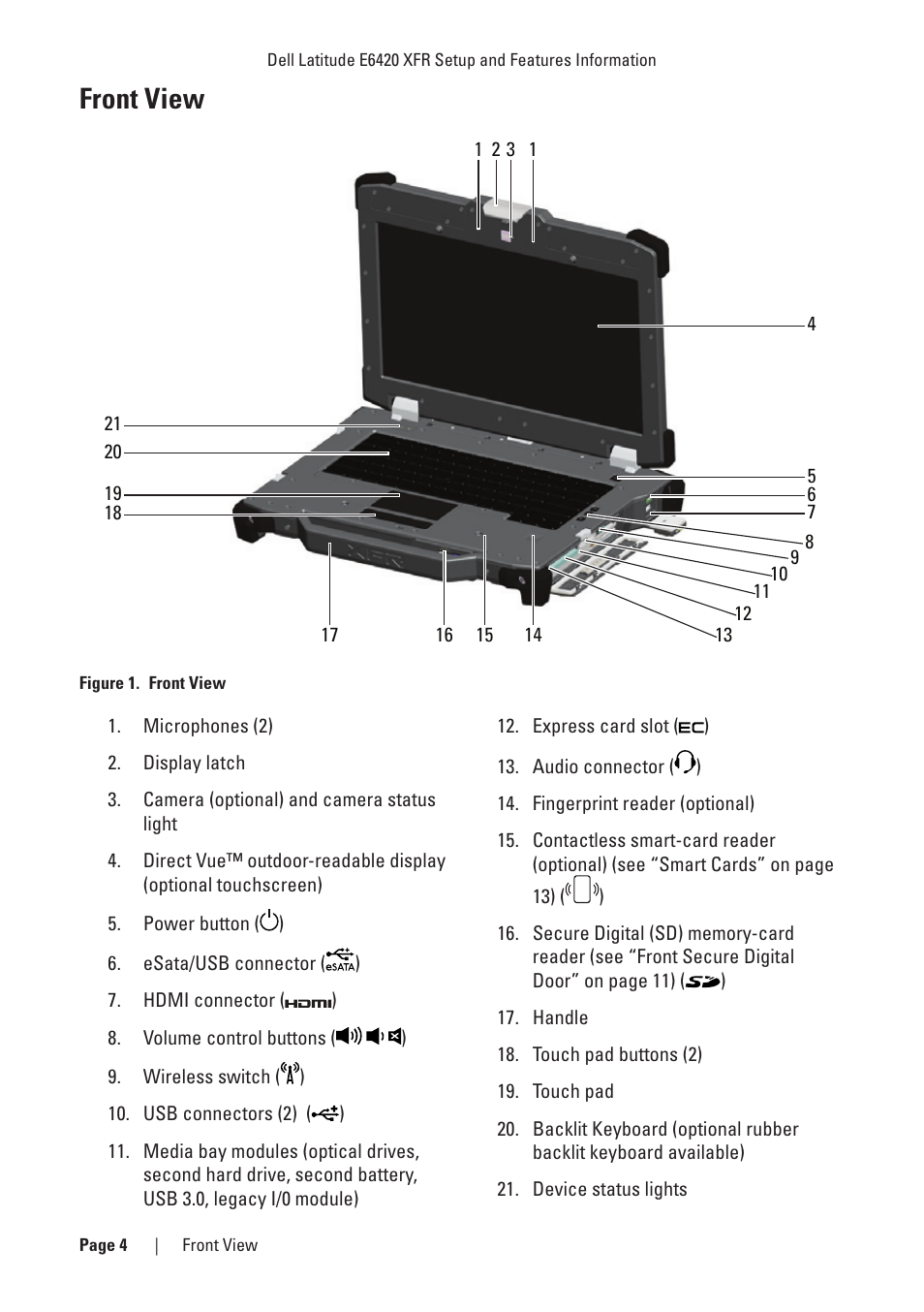 Front view, Figure 1. front view | Dell Latitude E6420 XFR (Early 2011) User Manual | Page 4 / 23