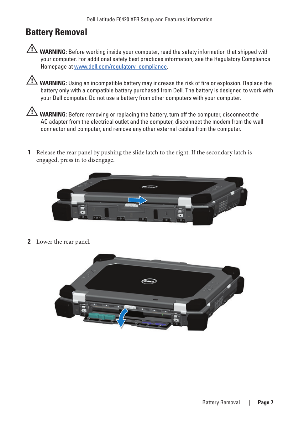 Battery removal, Battery access panel (see “battery | Dell Latitude E6420 XFR (Early 2011) User Manual | Page 7 / 23