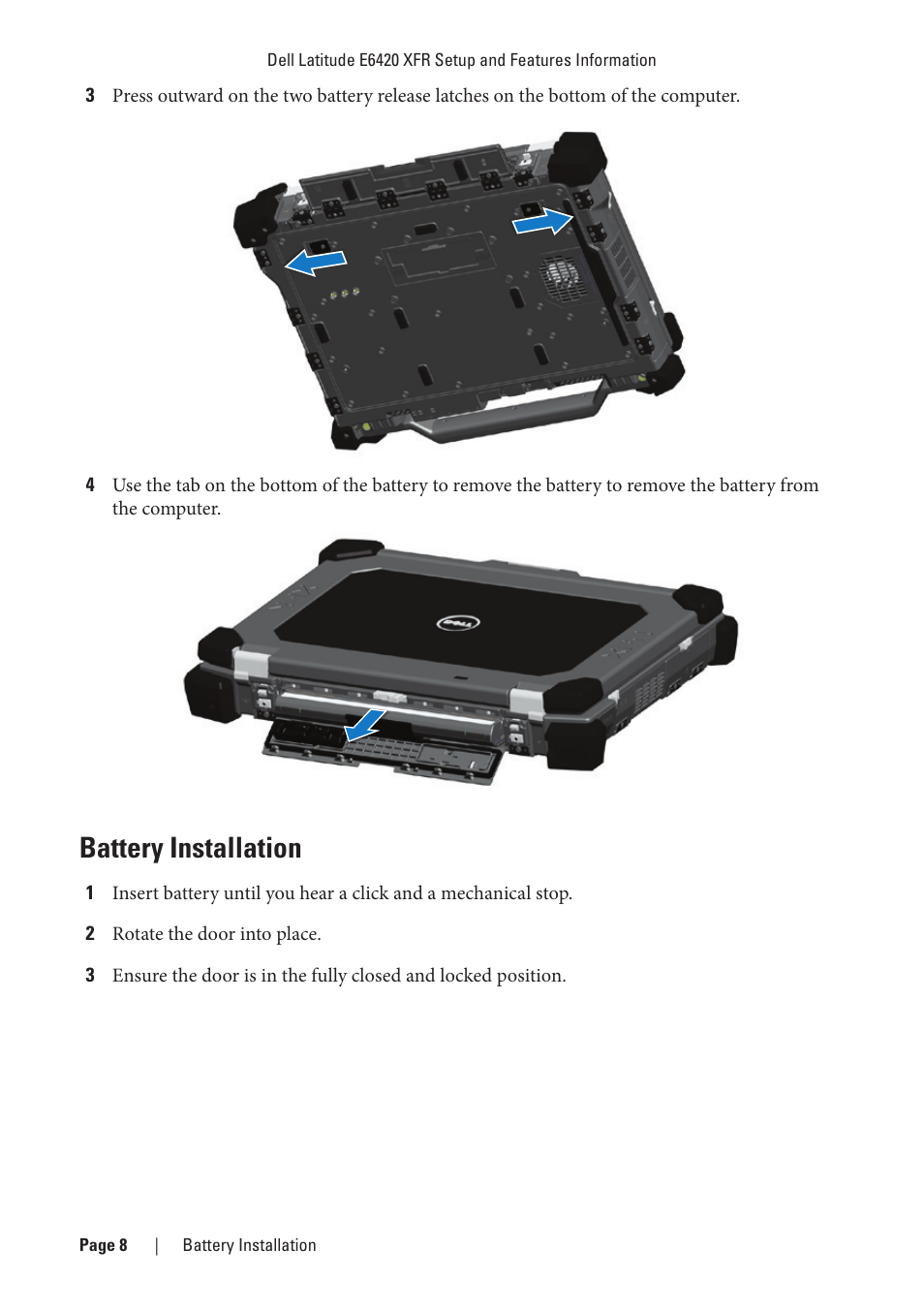 Battery installation | Dell Latitude E6420 XFR (Early 2011) User Manual | Page 8 / 23