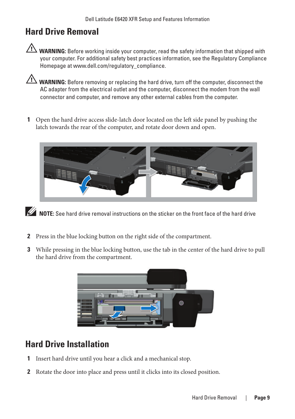 Hard drive removal, Hard drive installation, Hard drive removal hard drive installation | Hard disk drive (see “hard drive | Dell Latitude E6420 XFR (Early 2011) User Manual | Page 9 / 23