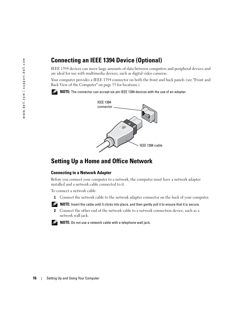 Connecting an ieee 1394 device (optional), Setting up a home and office network | Dell Dimension 4600C User Manual | Page 16 / 104