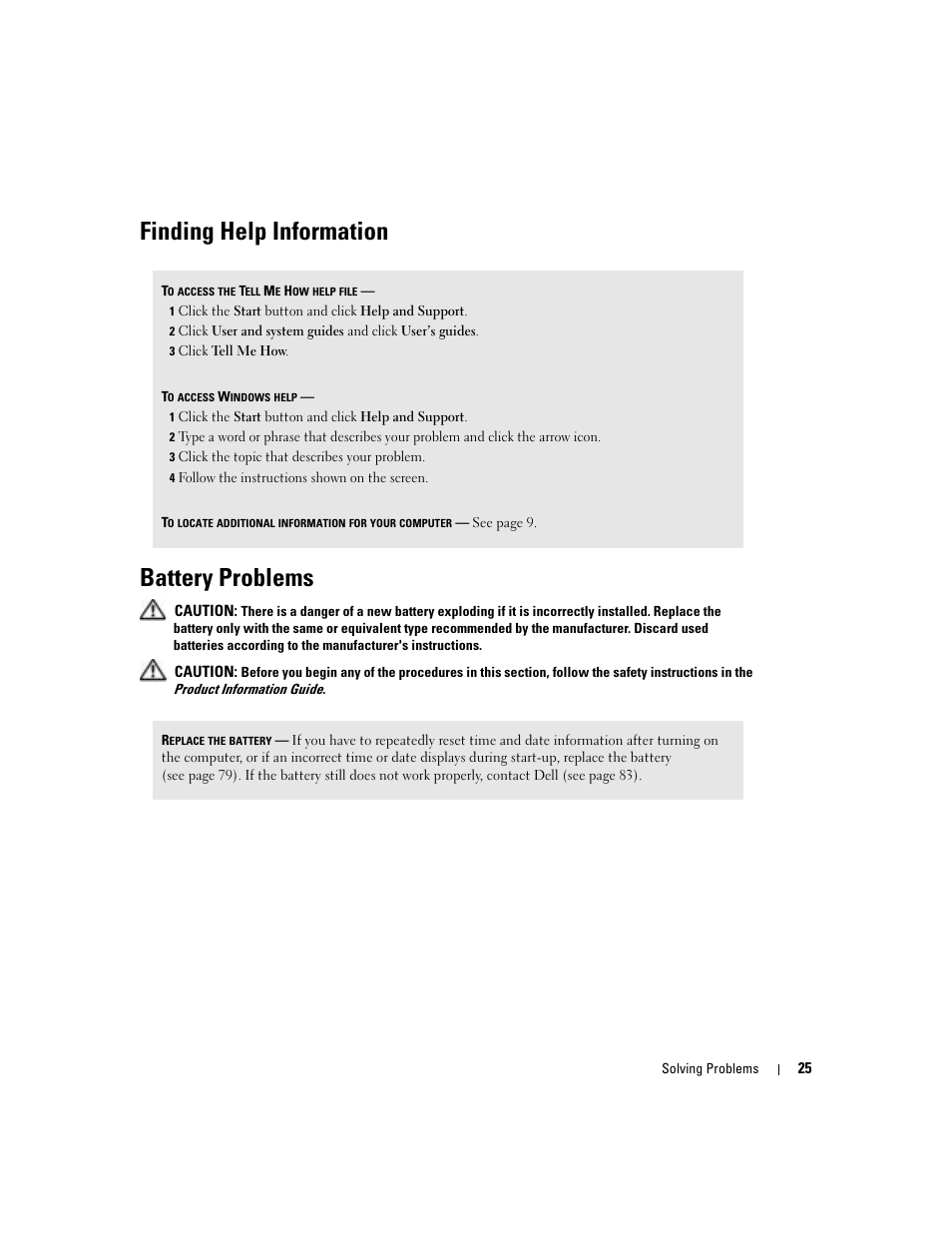 Finding help information battery problems | Dell Dimension 4600C User Manual | Page 25 / 104