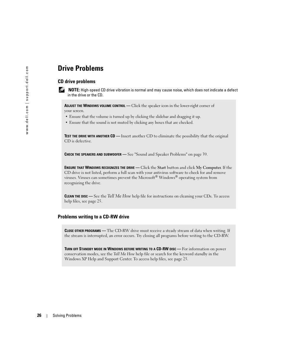 Drive problems, Cd drive problems, Problems writing to a cd-rw drive | Dell Dimension 4600C User Manual | Page 26 / 104