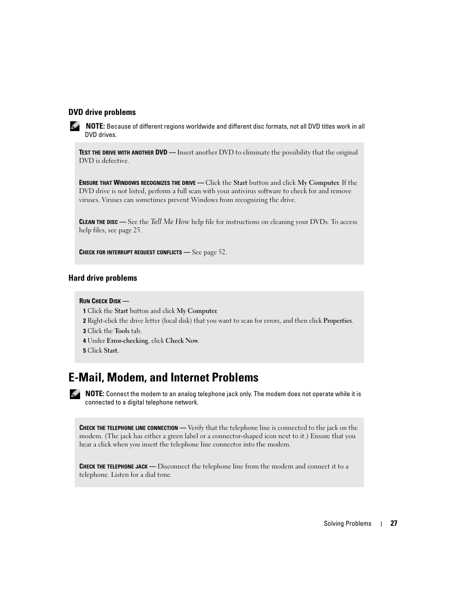 E-mail, modem, and internet problems, Dvd drive problems, Hard drive problems | Dell Dimension 4600C User Manual | Page 27 / 104