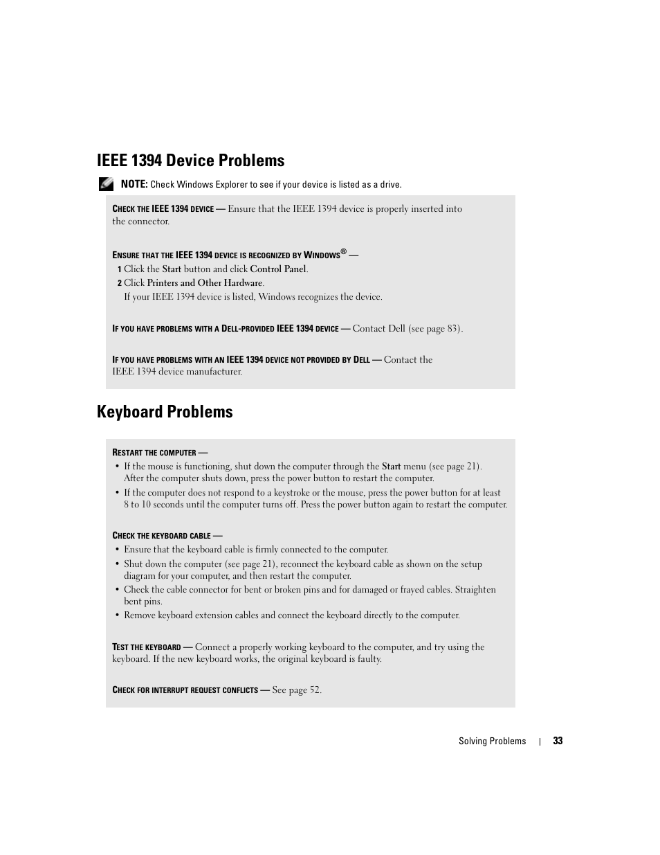 Ieee 1394 device problems, Keyboard problems | Dell Dimension 4600C User Manual | Page 33 / 104