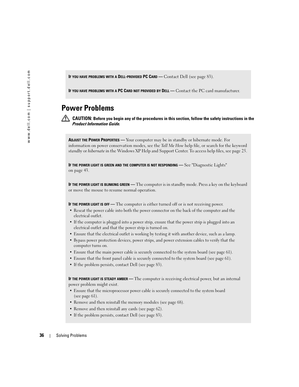Power problems | Dell Dimension 4600C User Manual | Page 36 / 104