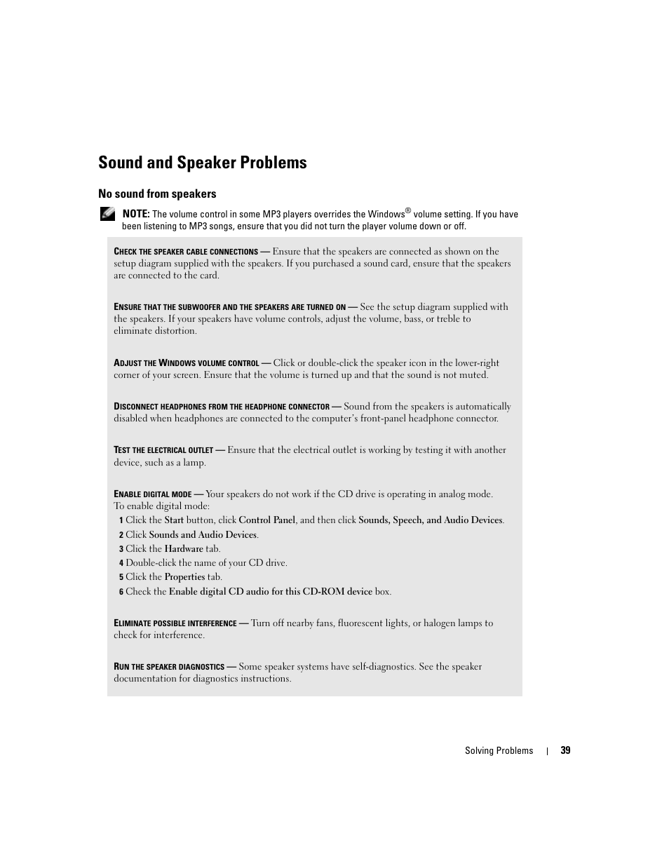 Sound and speaker problems, No sound from speakers | Dell Dimension 4600C User Manual | Page 39 / 104
