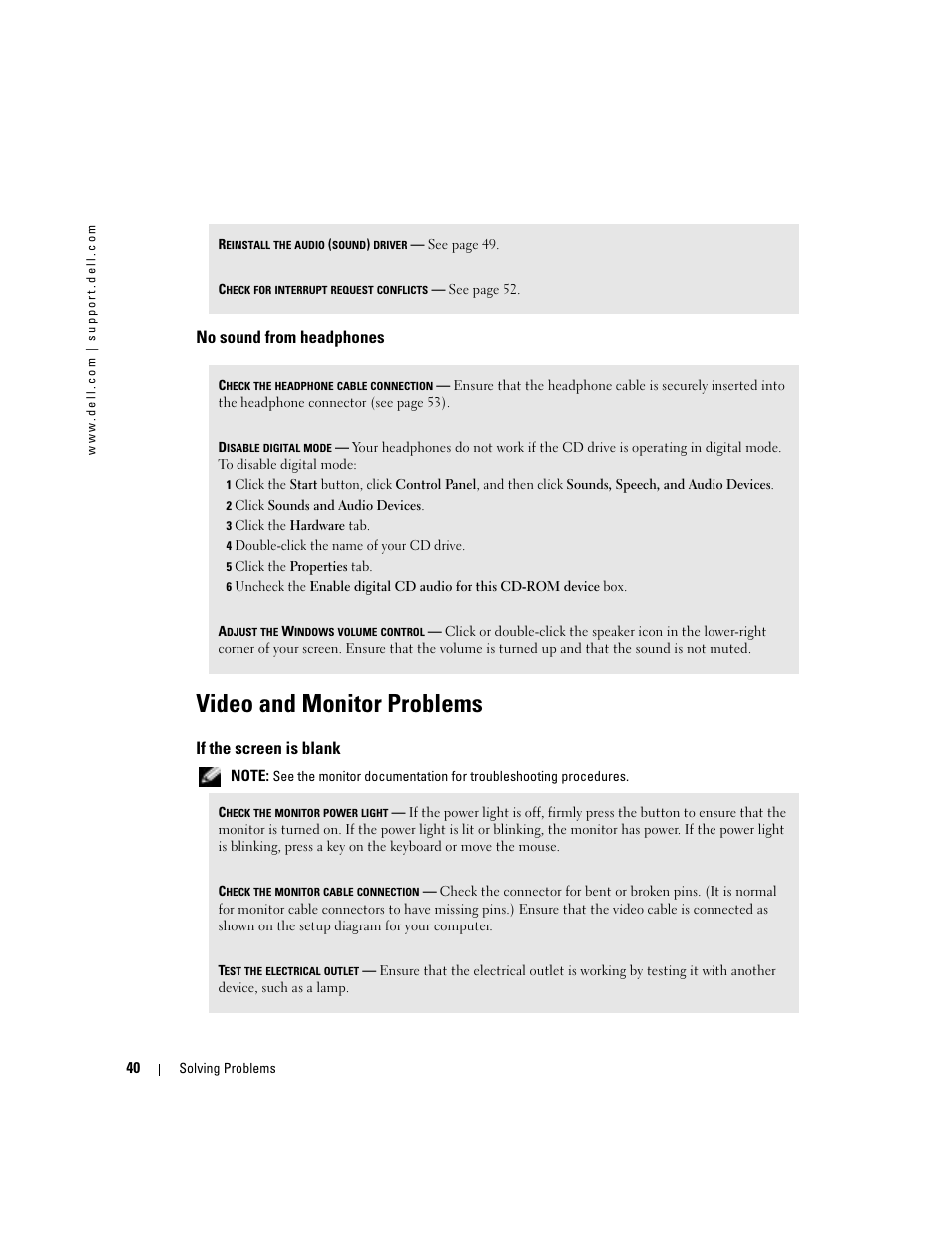 Video and monitor problems, No sound from headphones, If the screen is blank | Dell Dimension 4600C User Manual | Page 40 / 104