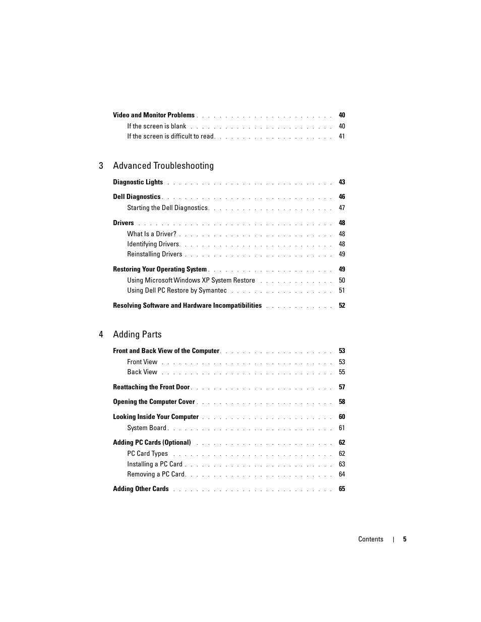 3advanced troubleshooting, 4adding parts | Dell Dimension 4600C User Manual | Page 5 / 104