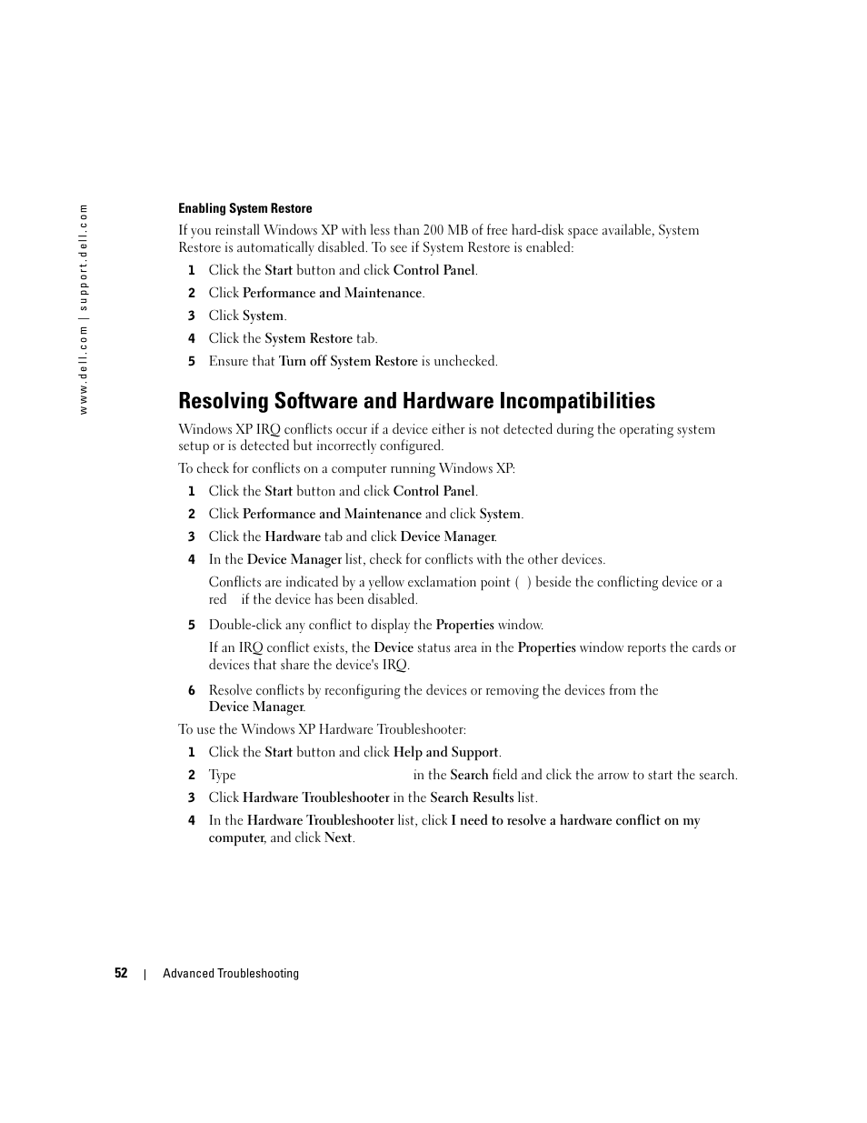 Resolving software and hardware incompatibilities | Dell Dimension 4600C User Manual | Page 52 / 104