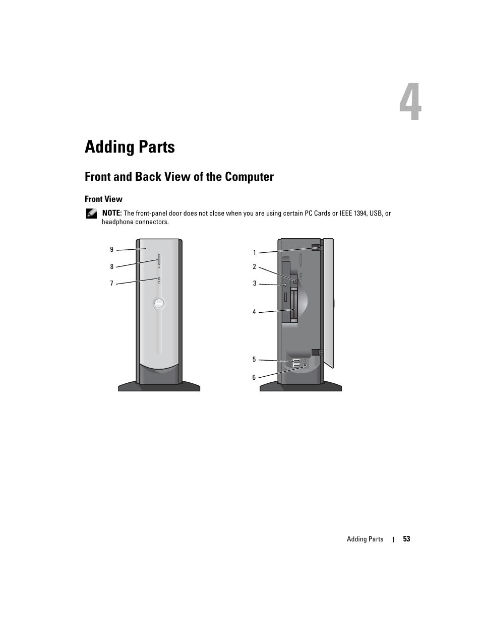 Adding parts, Front and back view of the computer | Dell Dimension 4600C User Manual | Page 53 / 104