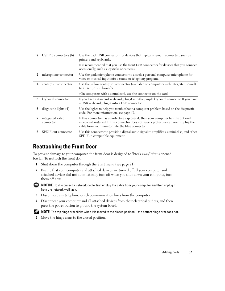 Reattaching the front door | Dell Dimension 4600C User Manual | Page 57 / 104