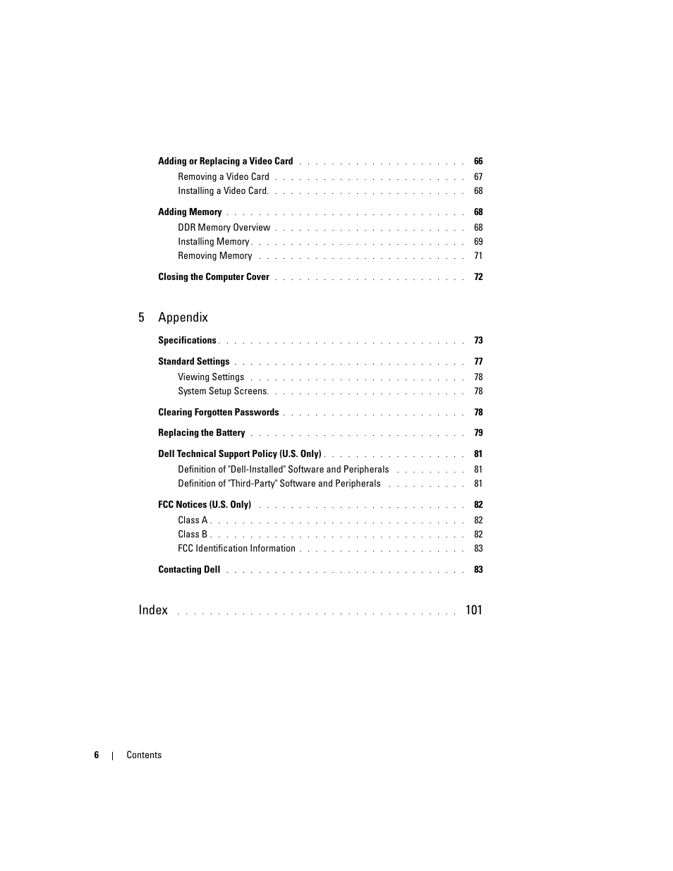 5appendix, Index | Dell Dimension 4600C User Manual | Page 6 / 104