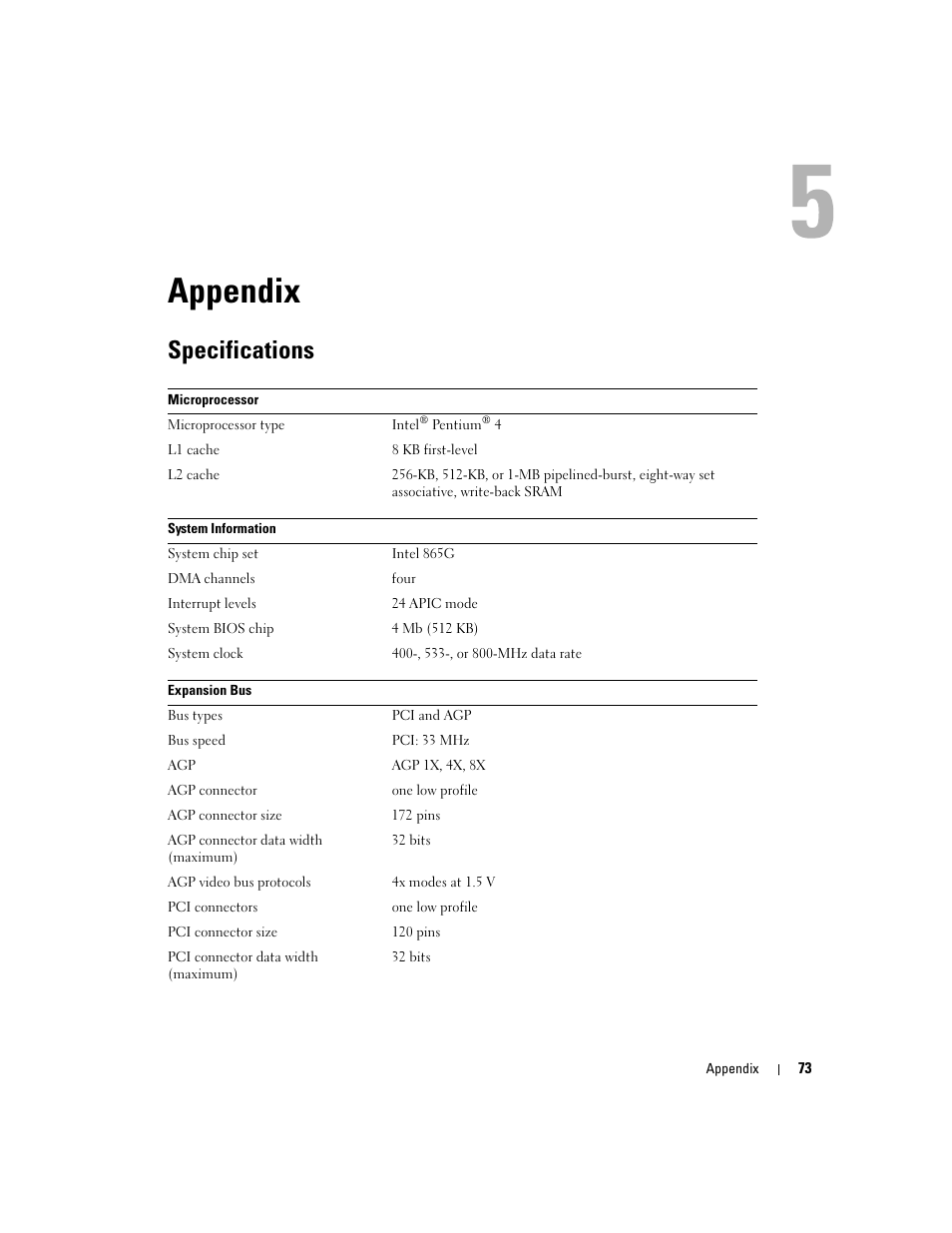 Appendix, Specifications | Dell Dimension 4600C User Manual | Page 73 / 104