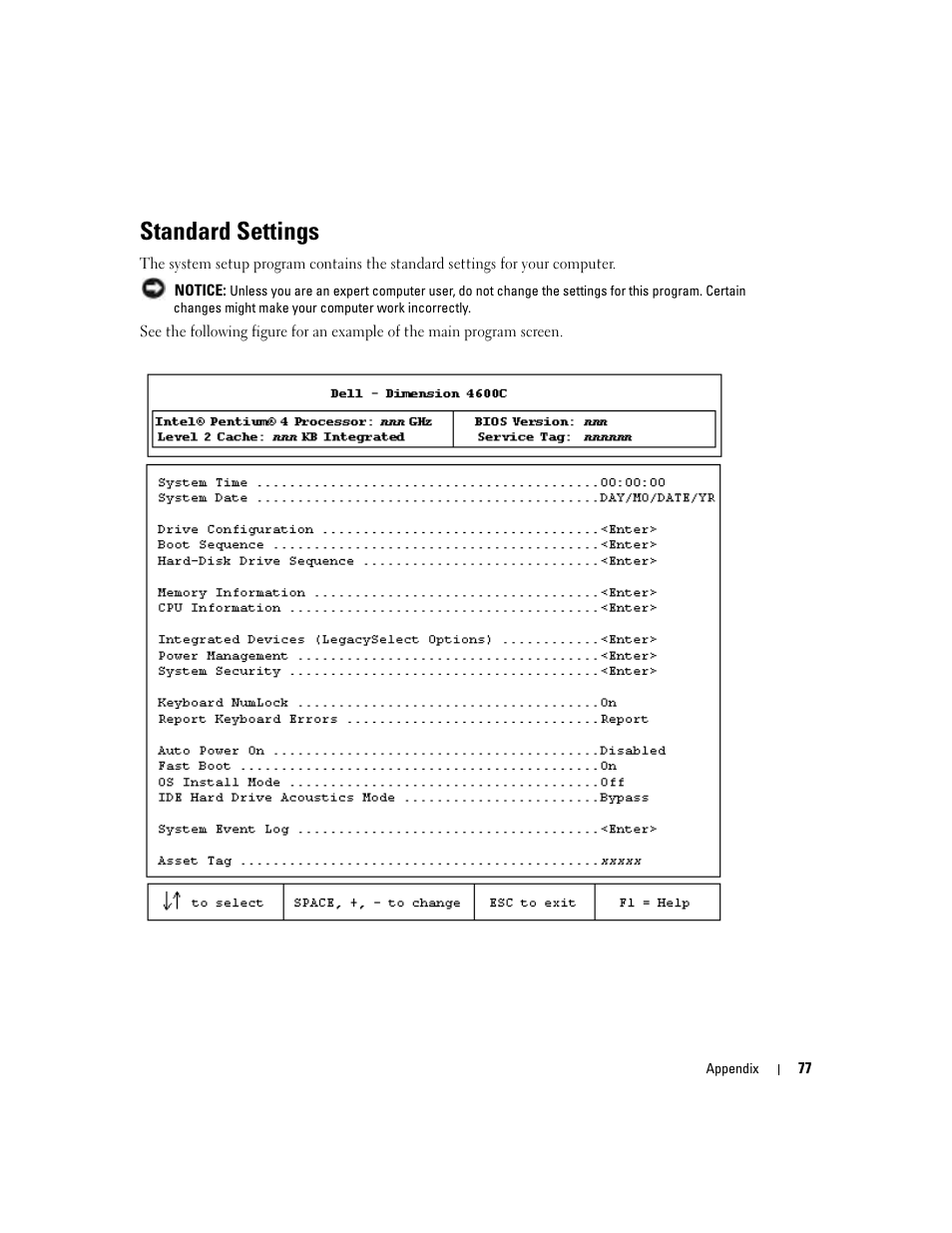 Standard settings | Dell Dimension 4600C User Manual | Page 77 / 104