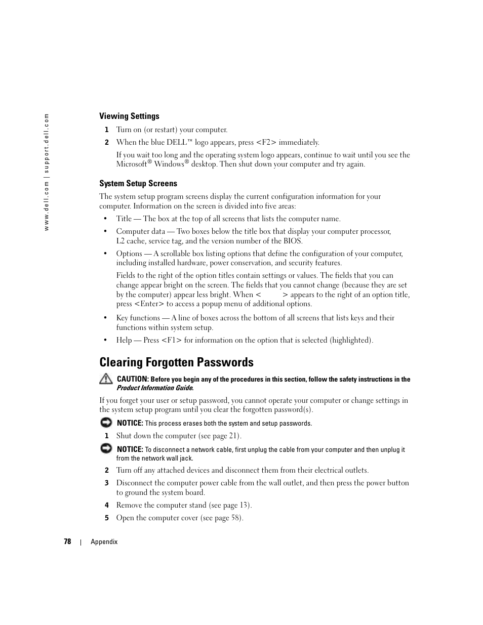 Clearing forgotten passwords | Dell Dimension 4600C User Manual | Page 78 / 104