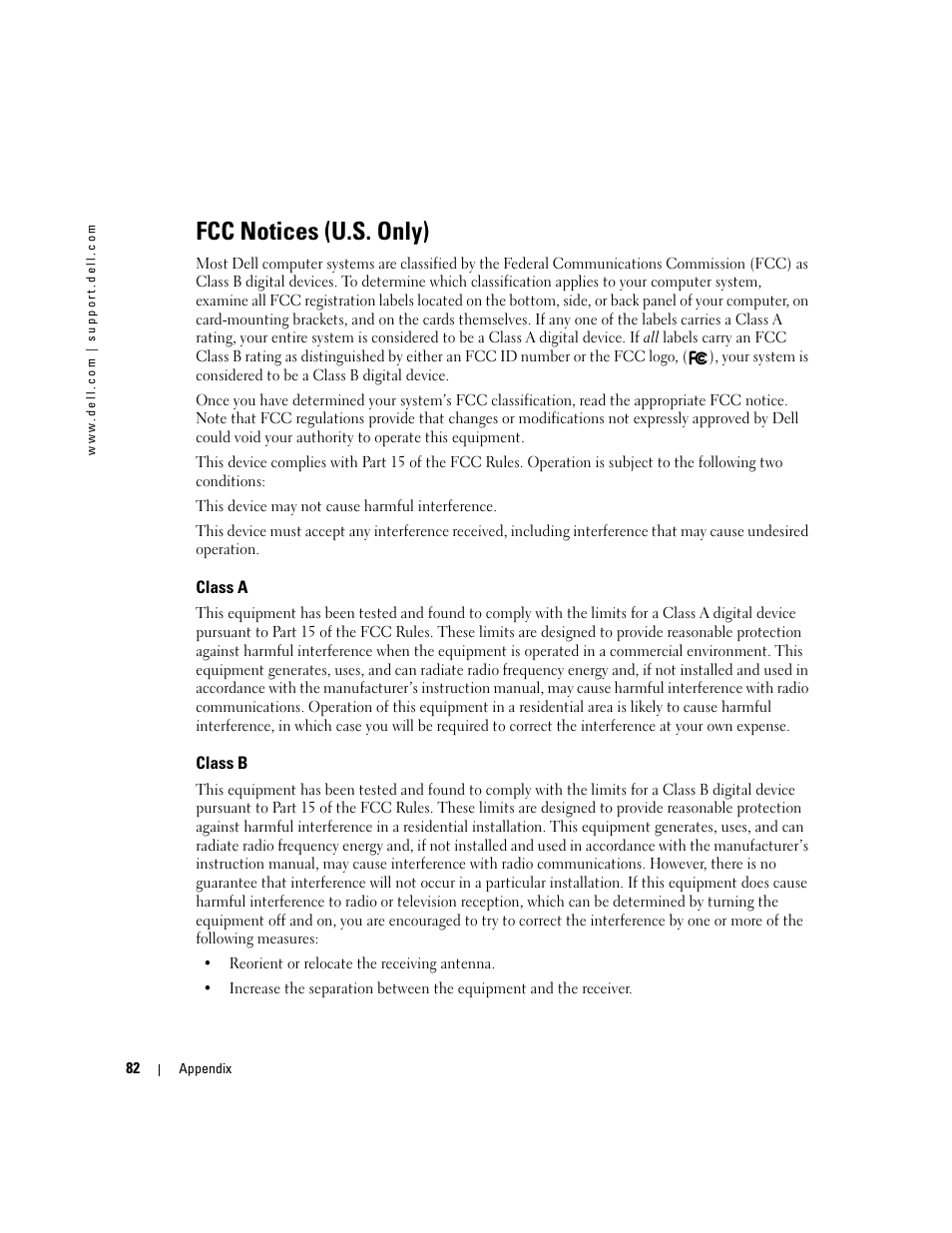 Fcc notices (u.s. only) | Dell Dimension 4600C User Manual | Page 82 / 104