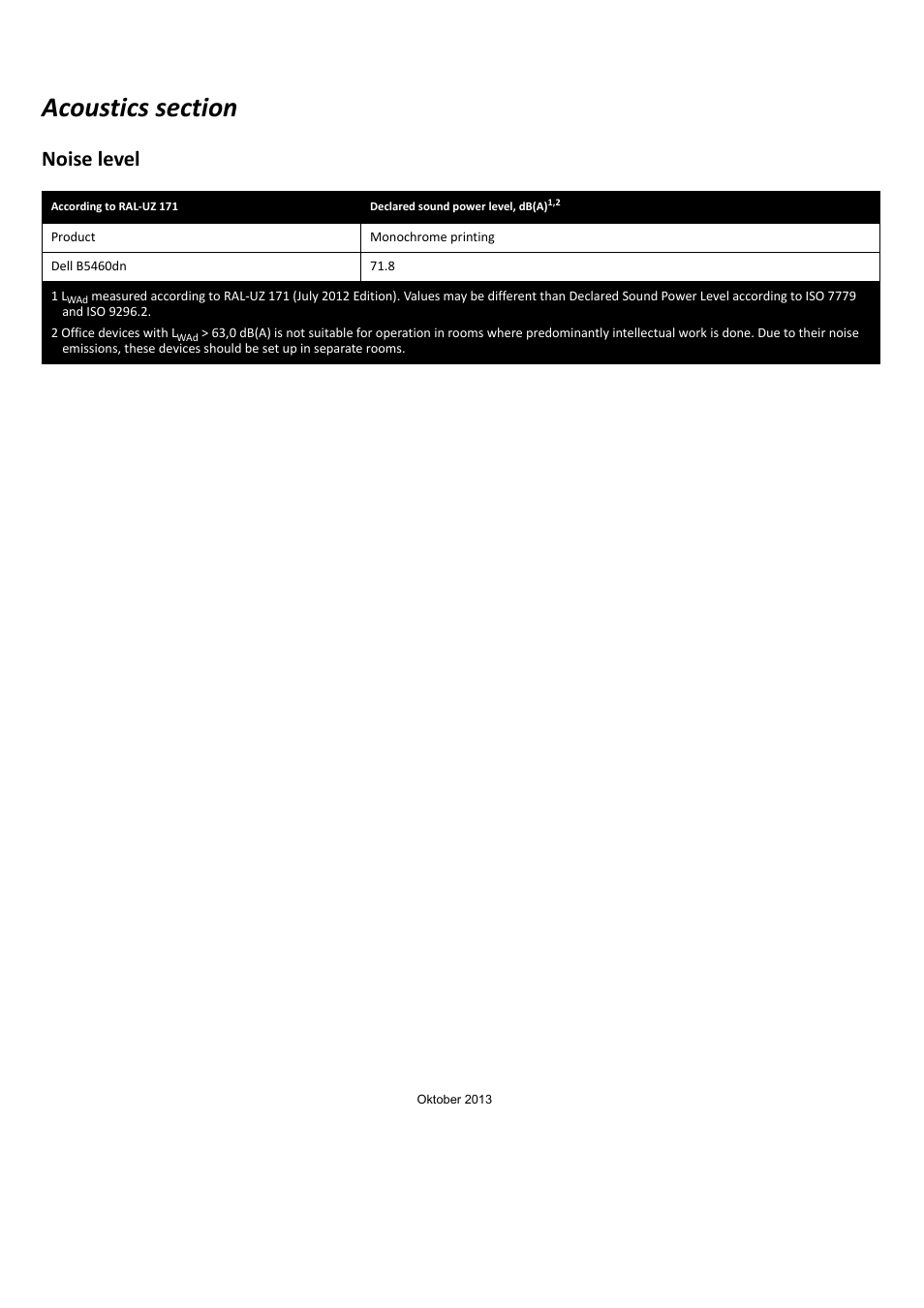 Noise level | Dell B5460dn Mono Laser Printer User Manual | Page 4 / 4