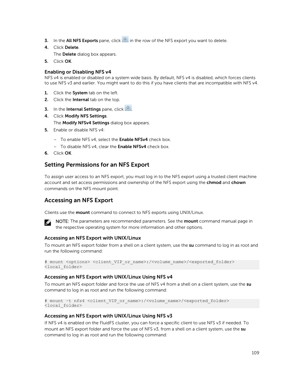 Setting permissions for an nfs export, Accessing an nfs export | Dell PowerVault NX3500 User Manual | Page 109 / 189