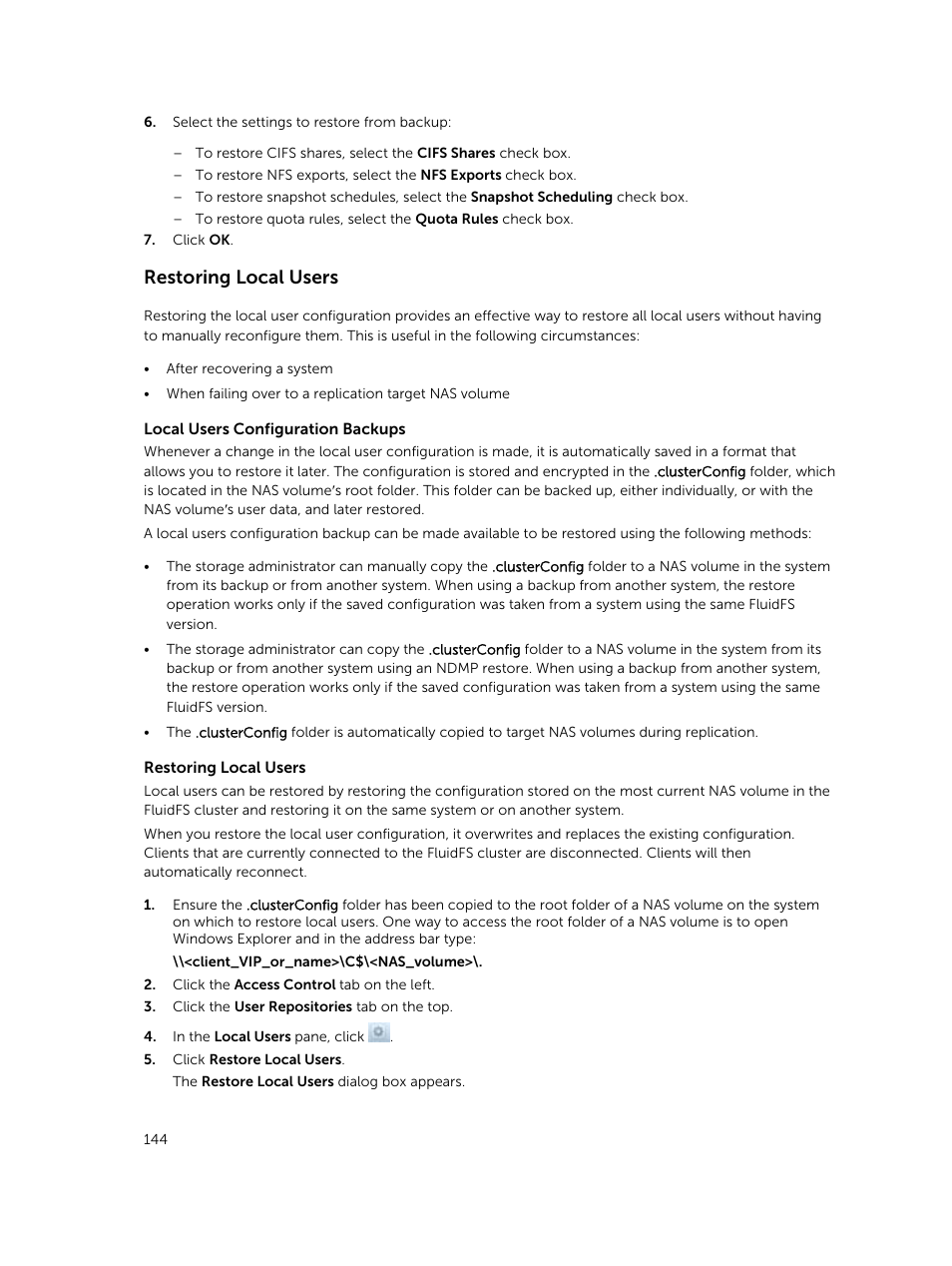 Restoring local users | Dell PowerVault NX3500 User Manual | Page 144 / 189