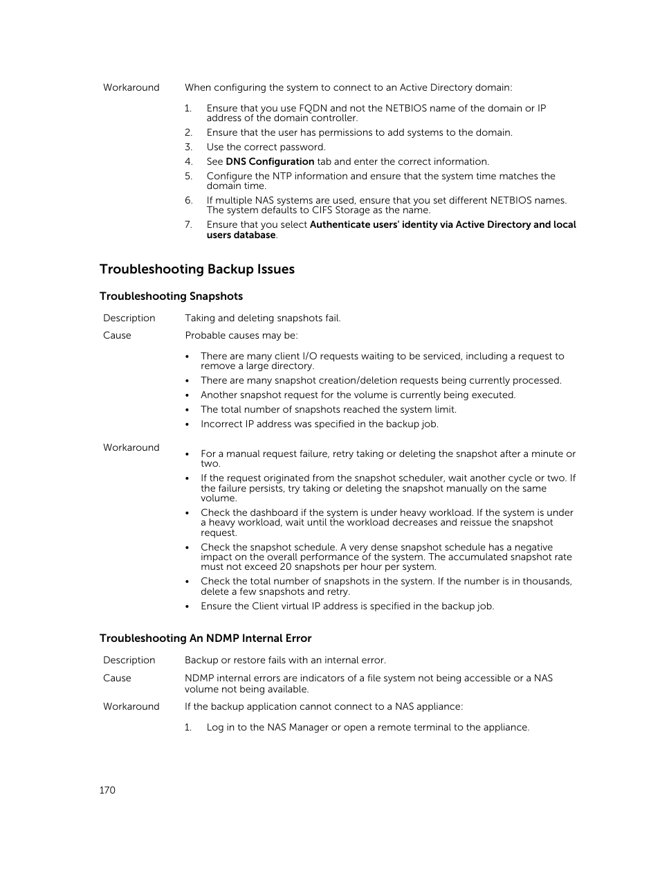 Troubleshooting backup issues | Dell PowerVault NX3500 User Manual | Page 170 / 189