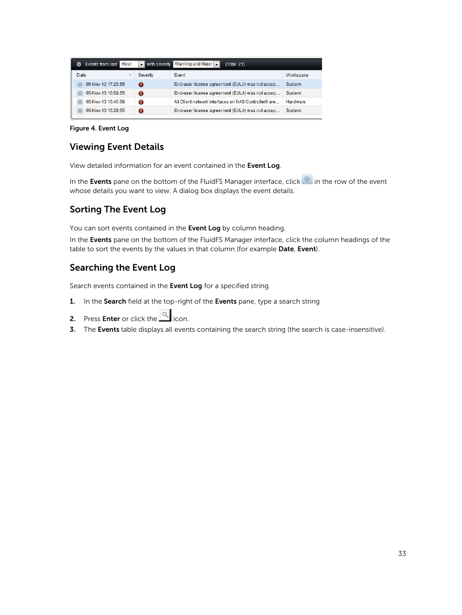 Viewing event details, Sorting the event log, Searching the event log | Dell PowerVault NX3500 User Manual | Page 33 / 189