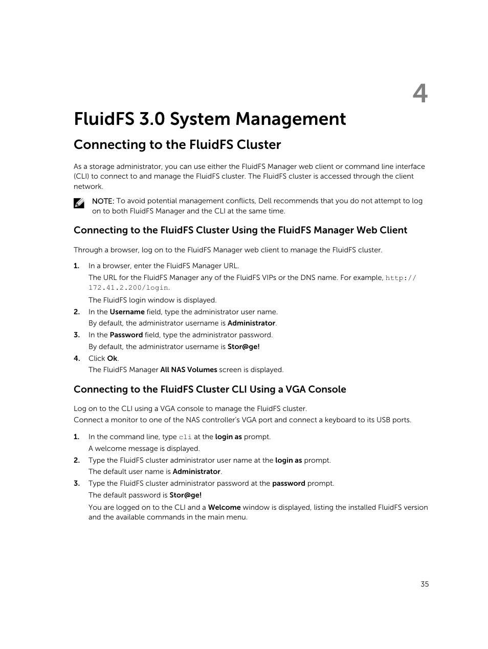 Fluidfs 3.0 system management, Connecting to the fluidfs cluster, 4 fluidfs 3.0 system management | Dell PowerVault NX3500 User Manual | Page 35 / 189