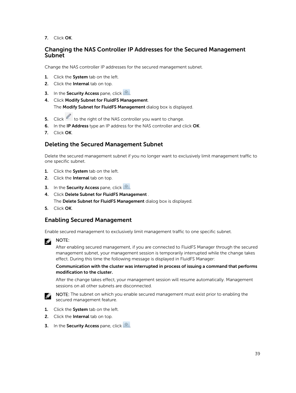 Deleting the secured management subnet, Enabling secured management | Dell PowerVault NX3500 User Manual | Page 39 / 189