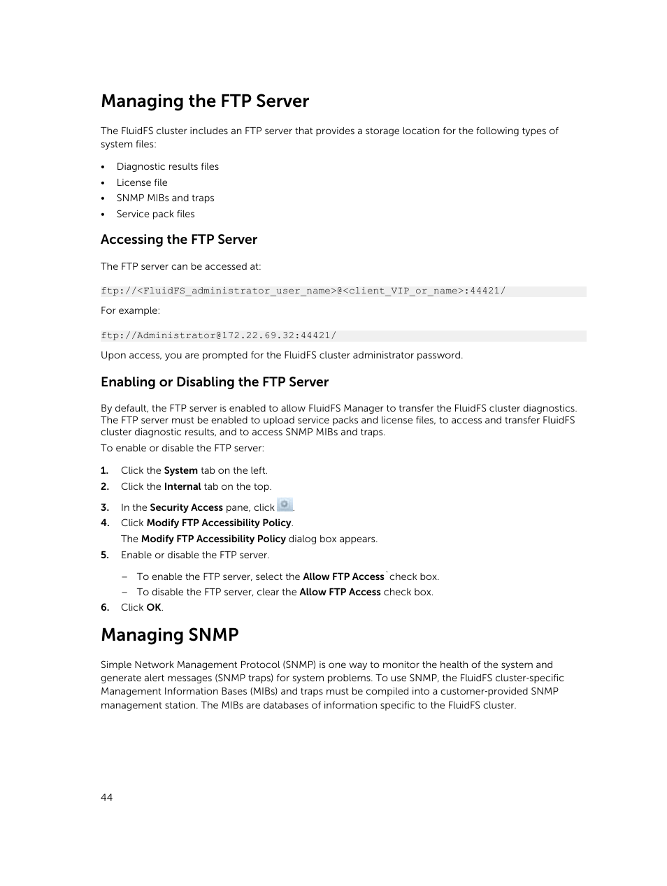 Managing the ftp server, Accessing the ftp server, Enabling or disabling the ftp server | Managing snmp | Dell PowerVault NX3500 User Manual | Page 44 / 189