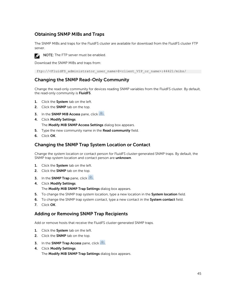 Obtaining snmp mibs and traps, Changing the snmp read-only community, Changing the snmp trap system location or contact | Adding or removing snmp trap recipients | Dell PowerVault NX3500 User Manual | Page 45 / 189