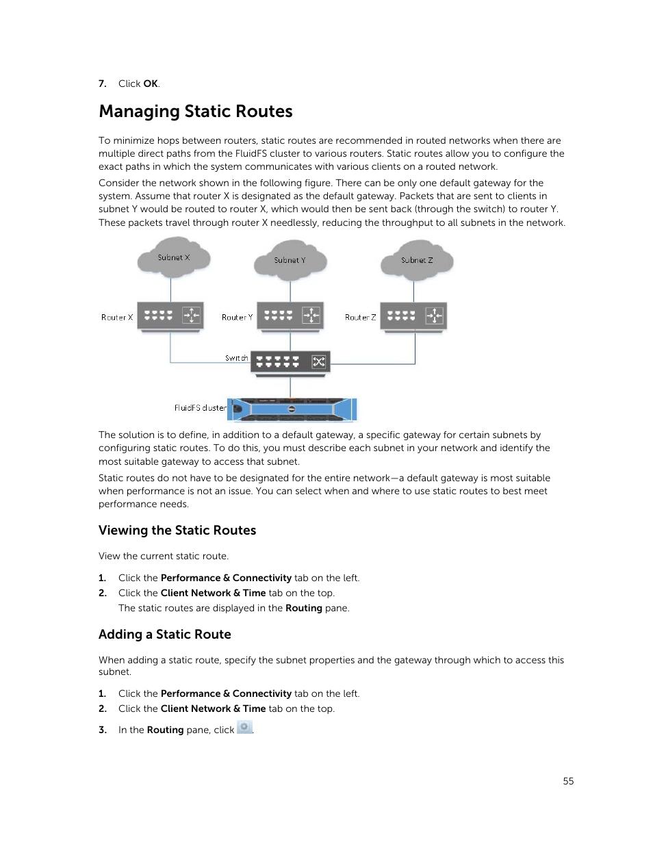 Managing static routes, Viewing the static routes, Adding a static route | Dell PowerVault NX3500 User Manual | Page 55 / 189
