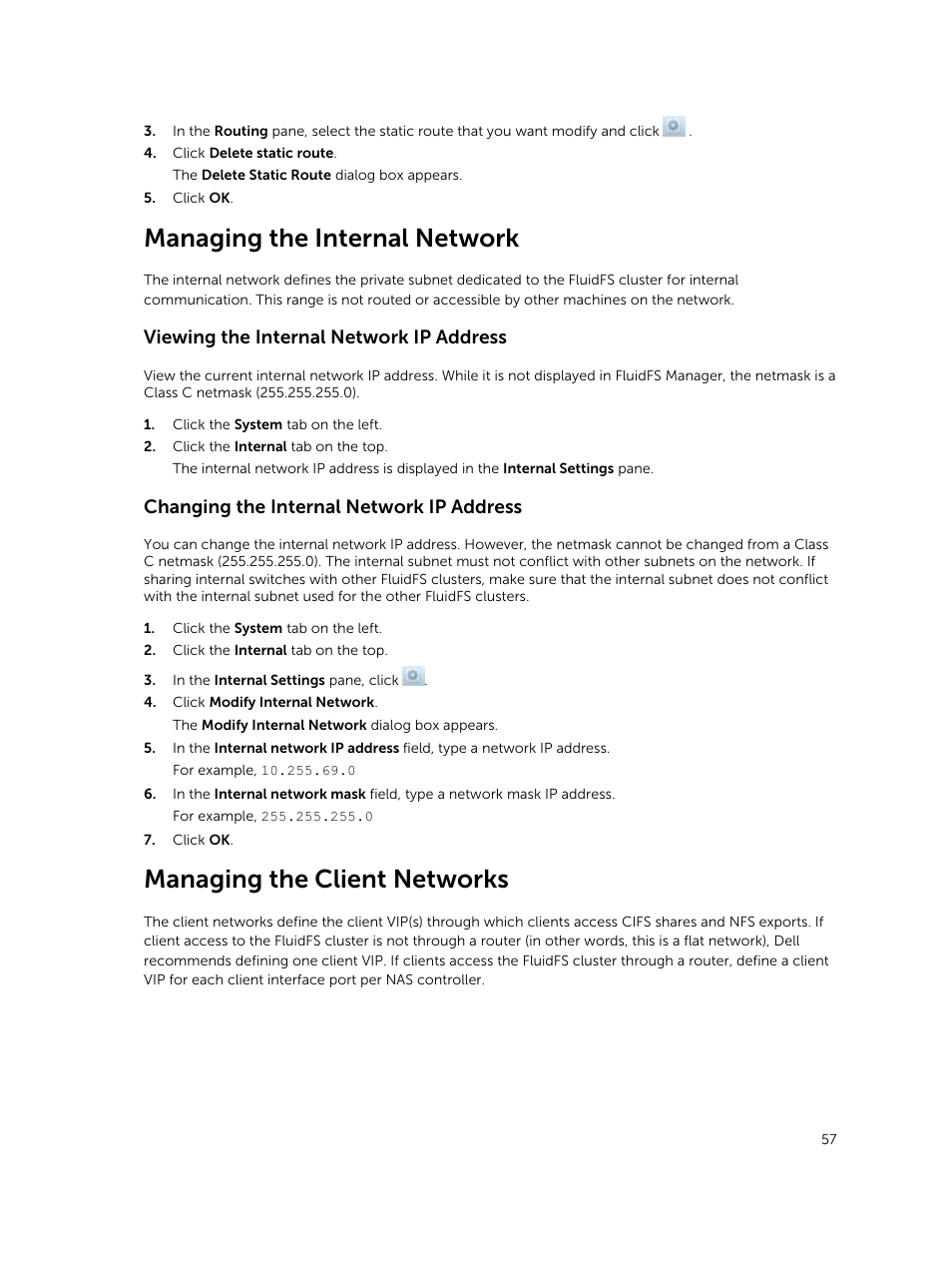 Managing the internal network, Viewing the internal network ip address, Changing the internal network ip address | Managing the client networks | Dell PowerVault NX3500 User Manual | Page 57 / 189