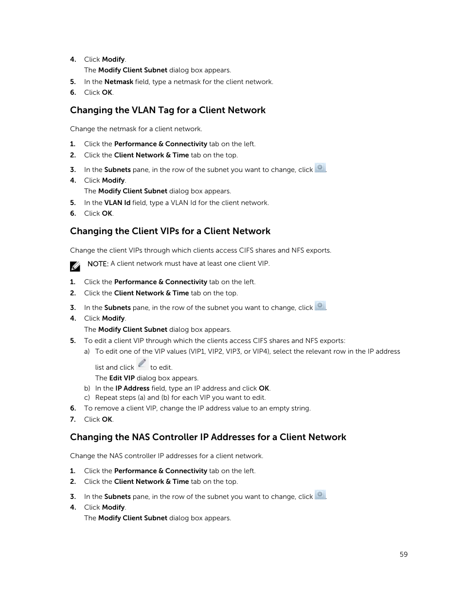 Changing the vlan tag for a client network, Changing the client vips for a client network | Dell PowerVault NX3500 User Manual | Page 59 / 189