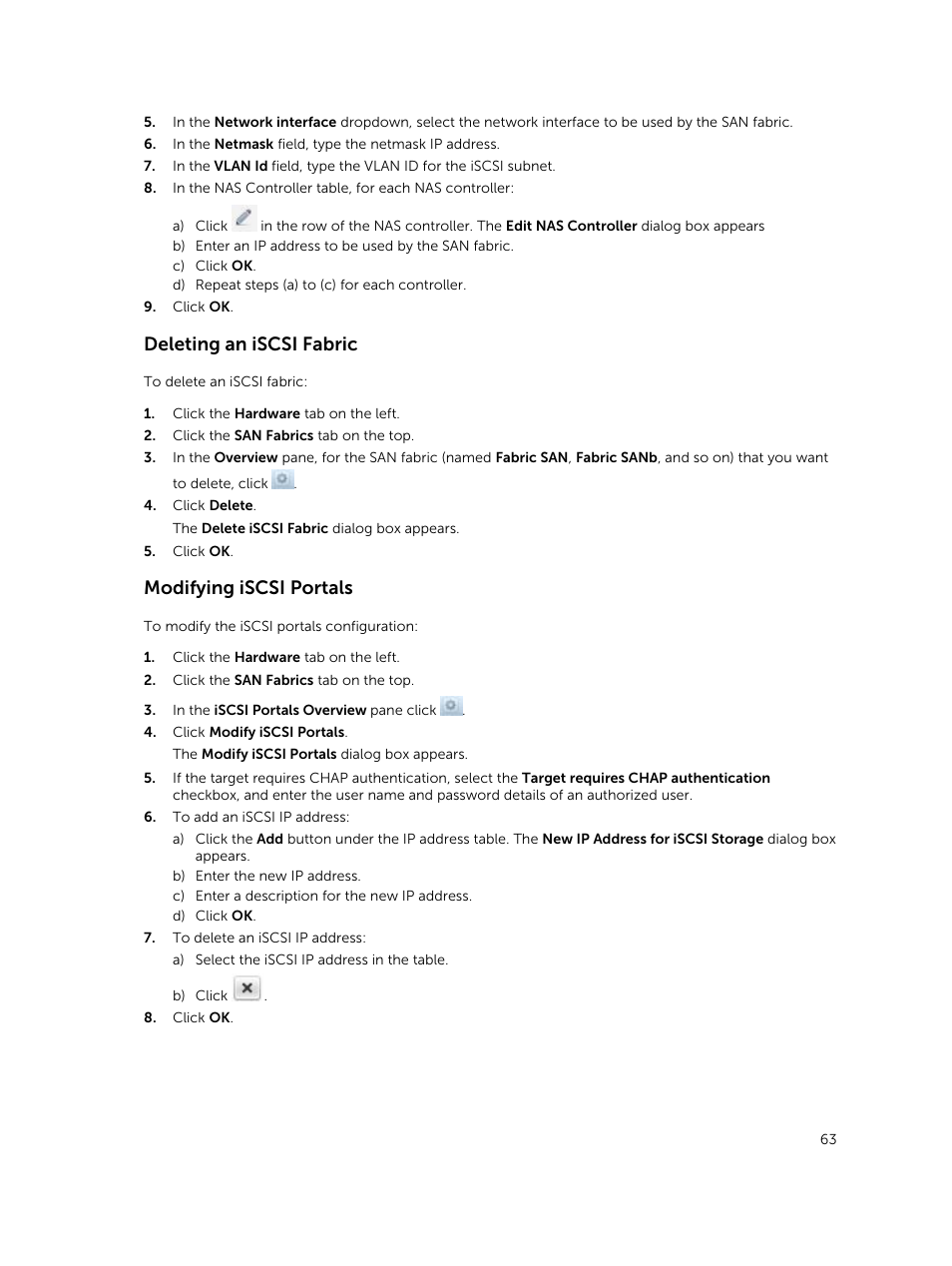 Deleting an iscsi fabric, Modifying iscsi portals | Dell PowerVault NX3500 User Manual | Page 63 / 189