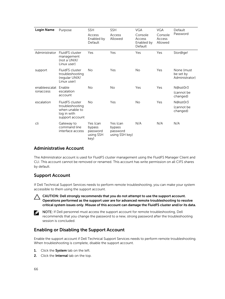 Administrative account, Support account, Enabling or disabling the support account | Dell PowerVault NX3500 User Manual | Page 66 / 189