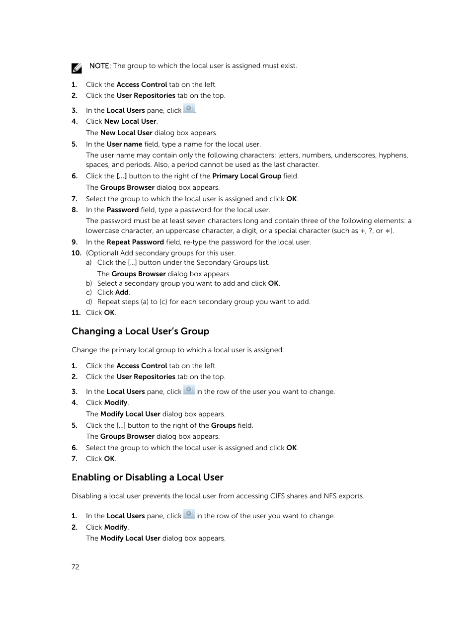Changing a local user’s group, Enabling or disabling a local user | Dell PowerVault NX3500 User Manual | Page 72 / 189